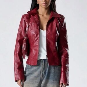 vintage red burgundy slim fitted leather jacket y2k lorelai gilmore biker jacket